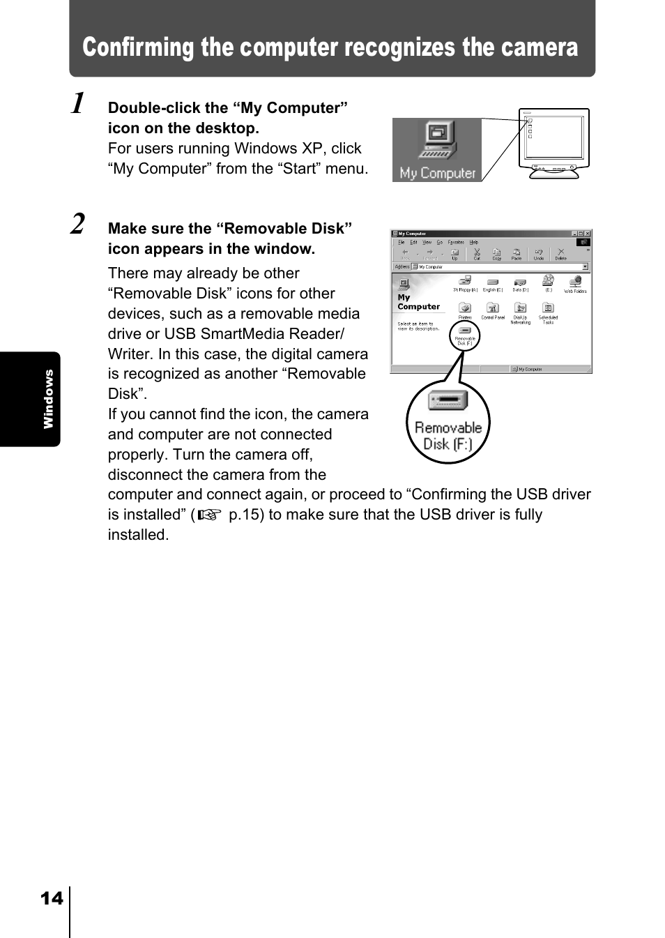 Confirming the computer recognizes the camera, Mera (p.14) | Olympus D-380 User Manual | Page 115 / 133