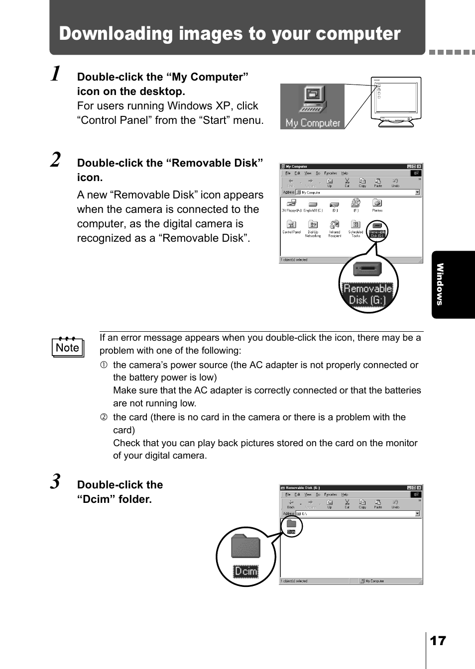 Downloading images to your computer, Ws p.17 | Olympus D-380 User Manual | Page 118 / 133