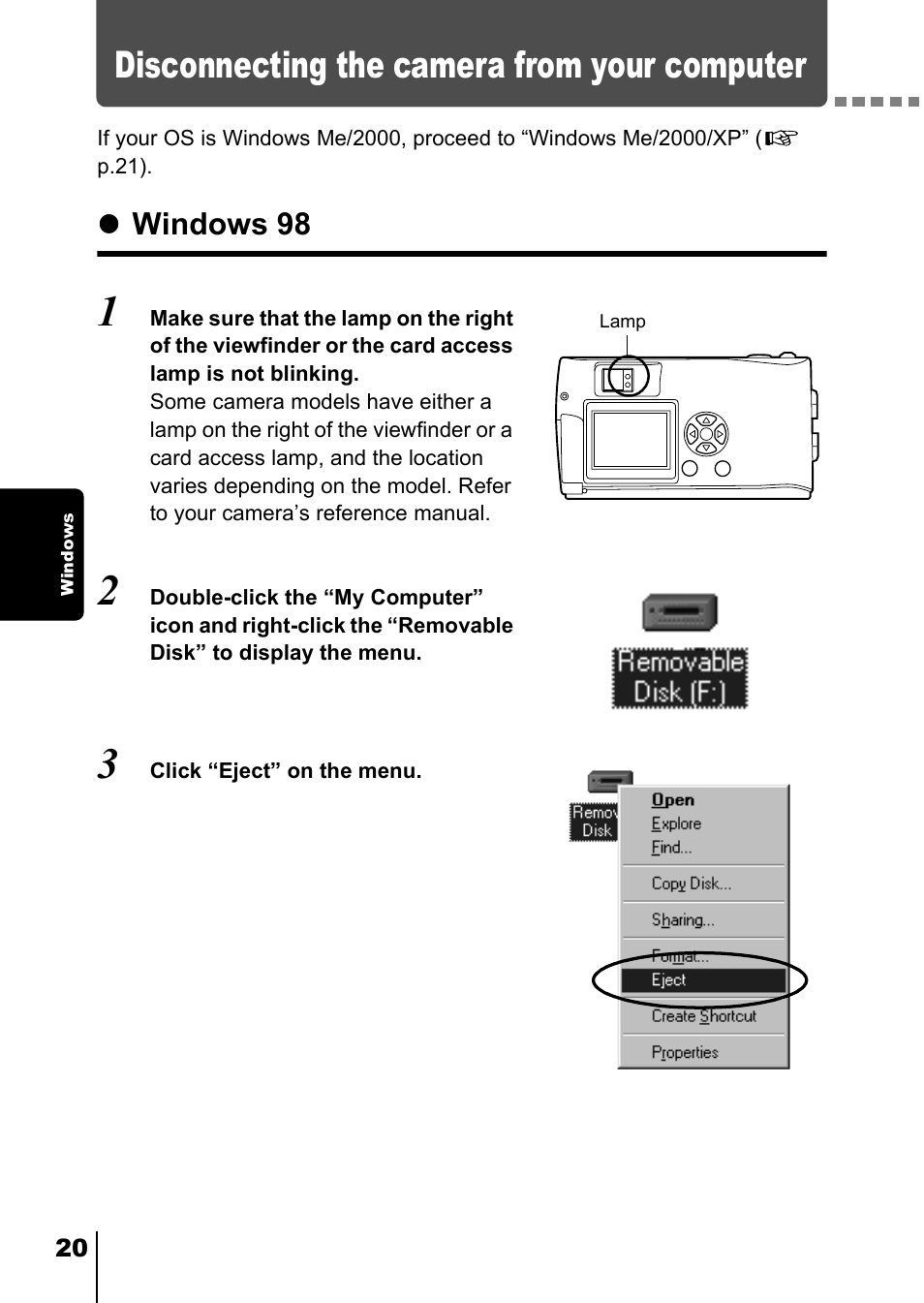 Disconnecting the camera from your computer, Windows 98, Ws p.20 | Olympus D-380 User Manual | Page 121 / 133