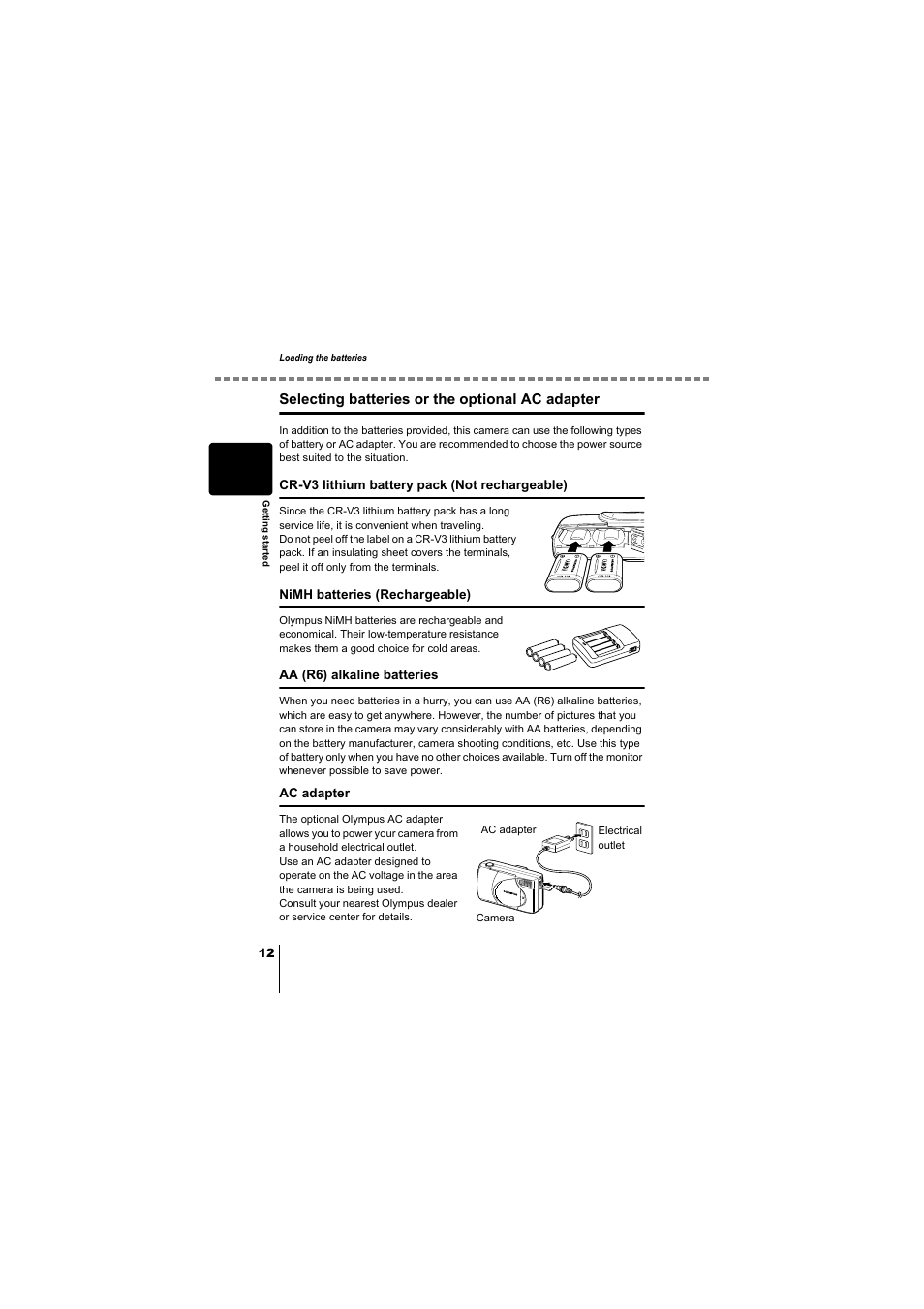 Selecting batteries or the optional ac adapter | Olympus D-380 User Manual | Page 13 / 133