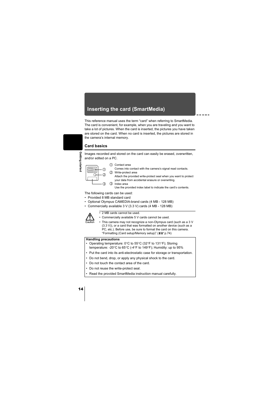 Inserting the card (smartmedia) | Olympus D-380 User Manual | Page 15 / 133