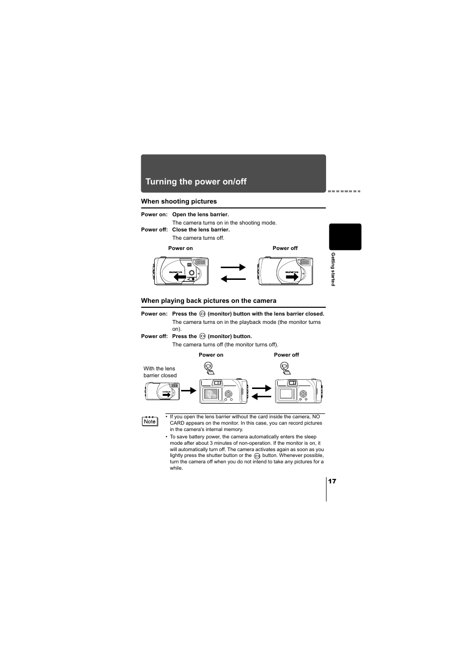 Turning the power on/off | Olympus D-380 User Manual | Page 18 / 133