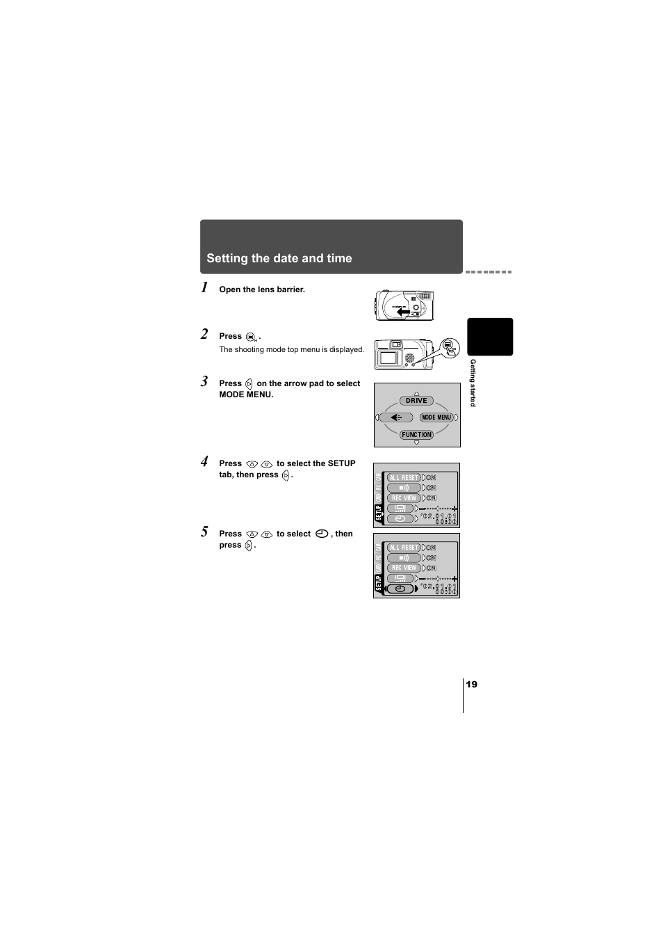 Setting the date and time, P.19 | Olympus D-380 User Manual | Page 20 / 133