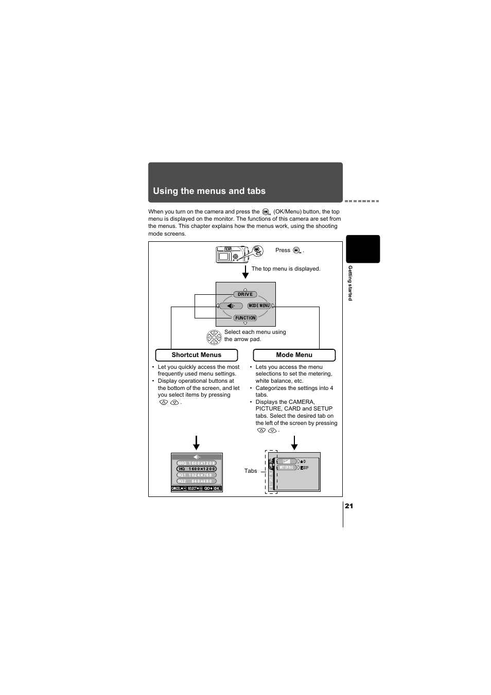 Using the menus and tabs | Olympus D-380 User Manual | Page 22 / 133