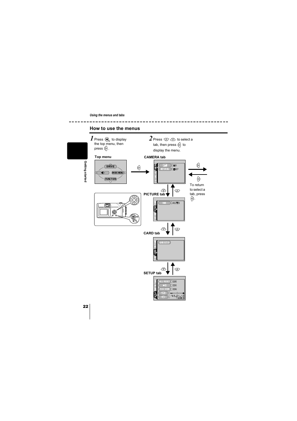 How to use the menus | Olympus D-380 User Manual | Page 23 / 133