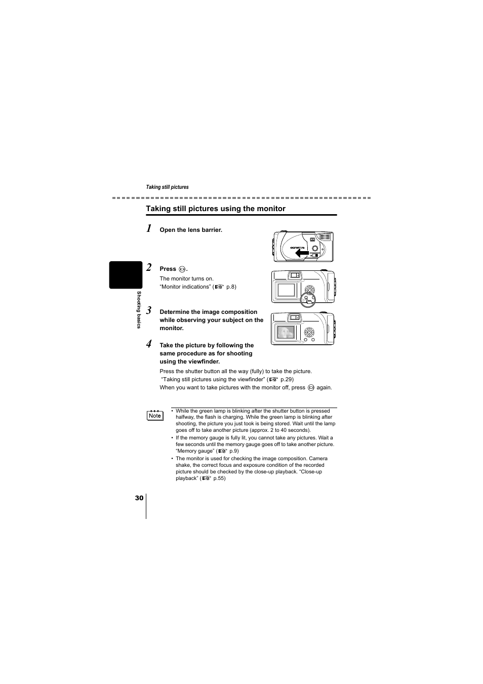 Taking still pictures using the monitor | Olympus D-380 User Manual | Page 31 / 133