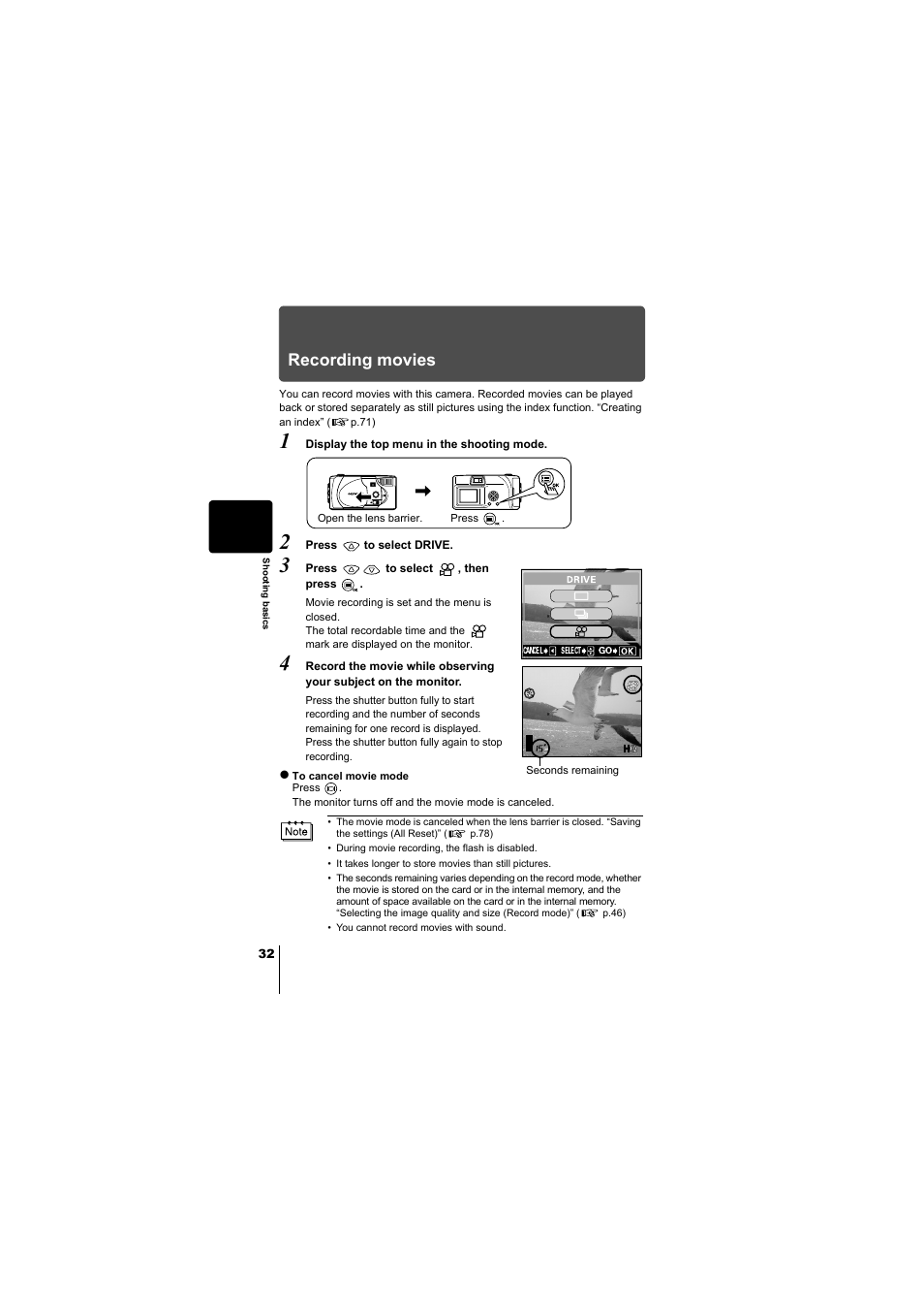Recording movies, P.32 | Olympus D-380 User Manual | Page 33 / 133