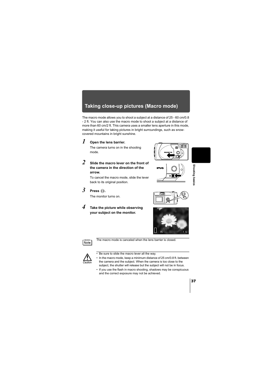Taking close-up pictures (macro mode) | Olympus D-380 User Manual | Page 38 / 133