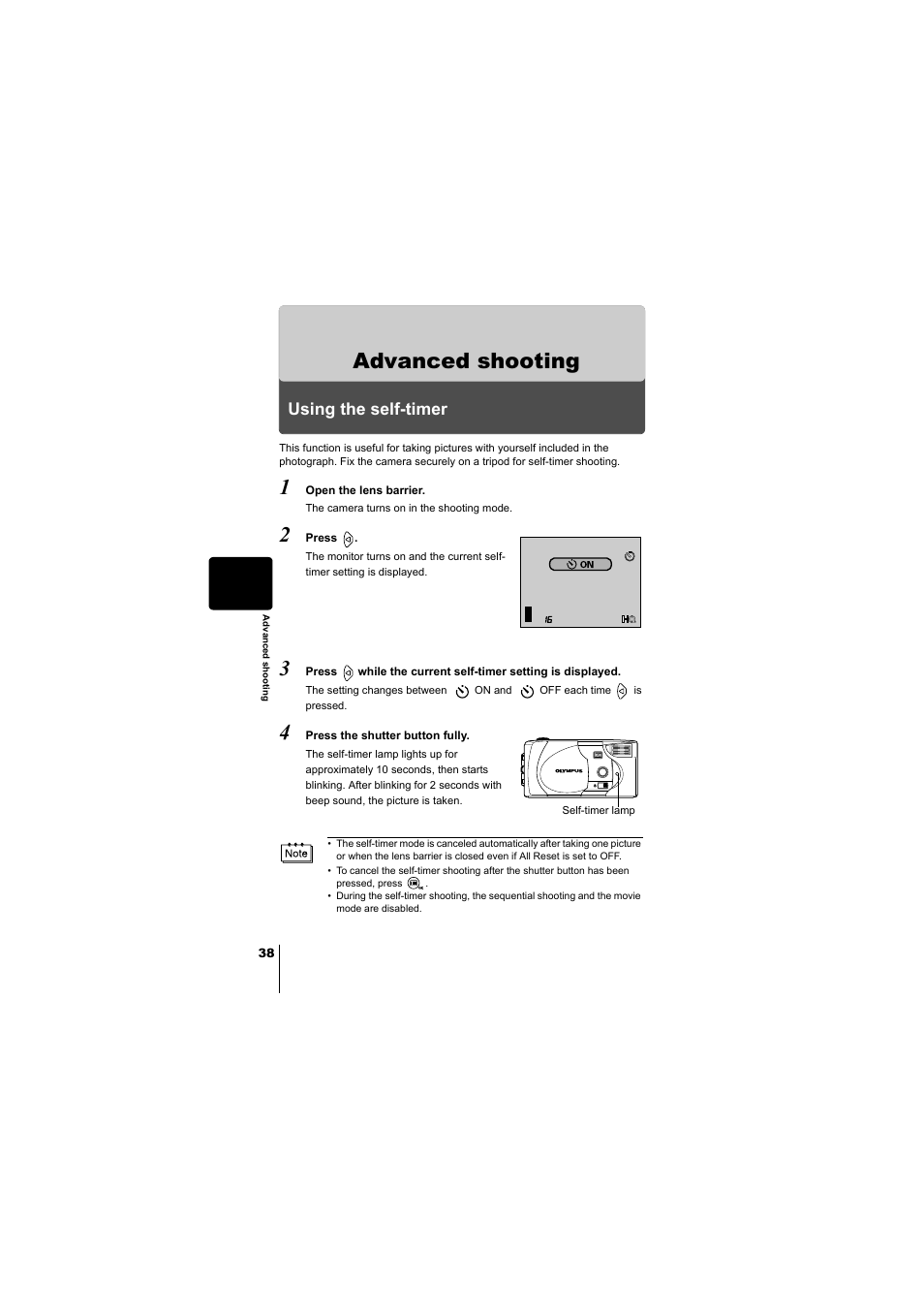 Advanced shooting, Using the self-timer, Pixel mapping | P.38 | Olympus D-380 User Manual | Page 39 / 133