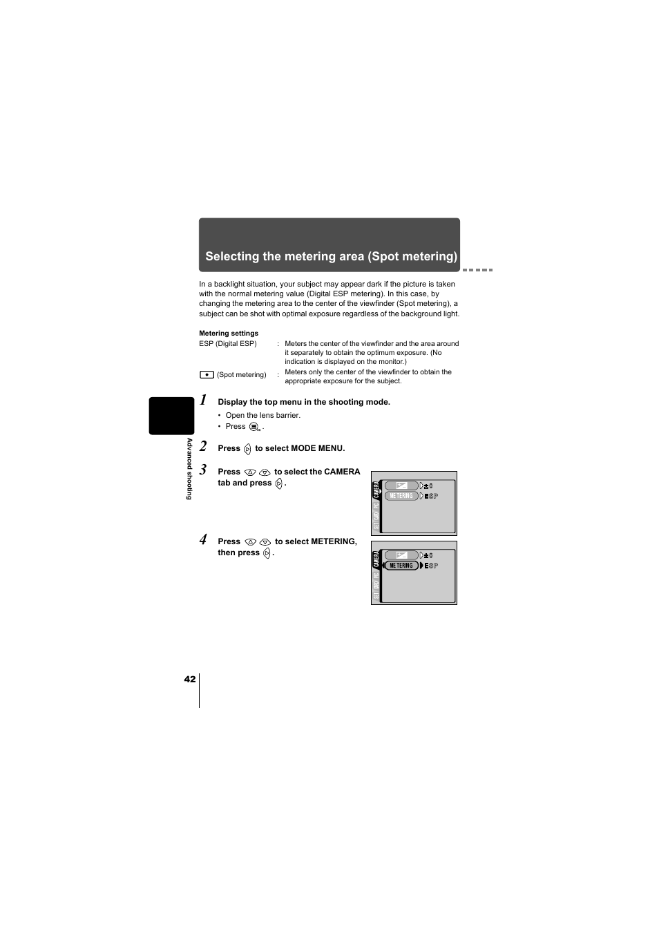 Selecting the metering area (spot metering), P.42 | Olympus D-380 User Manual | Page 43 / 133