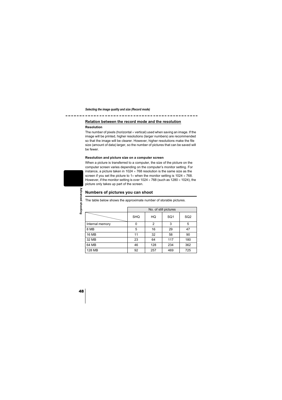 Relation between the, Record mode and the resolution, P.48 | Olympus D-380 User Manual | Page 49 / 133