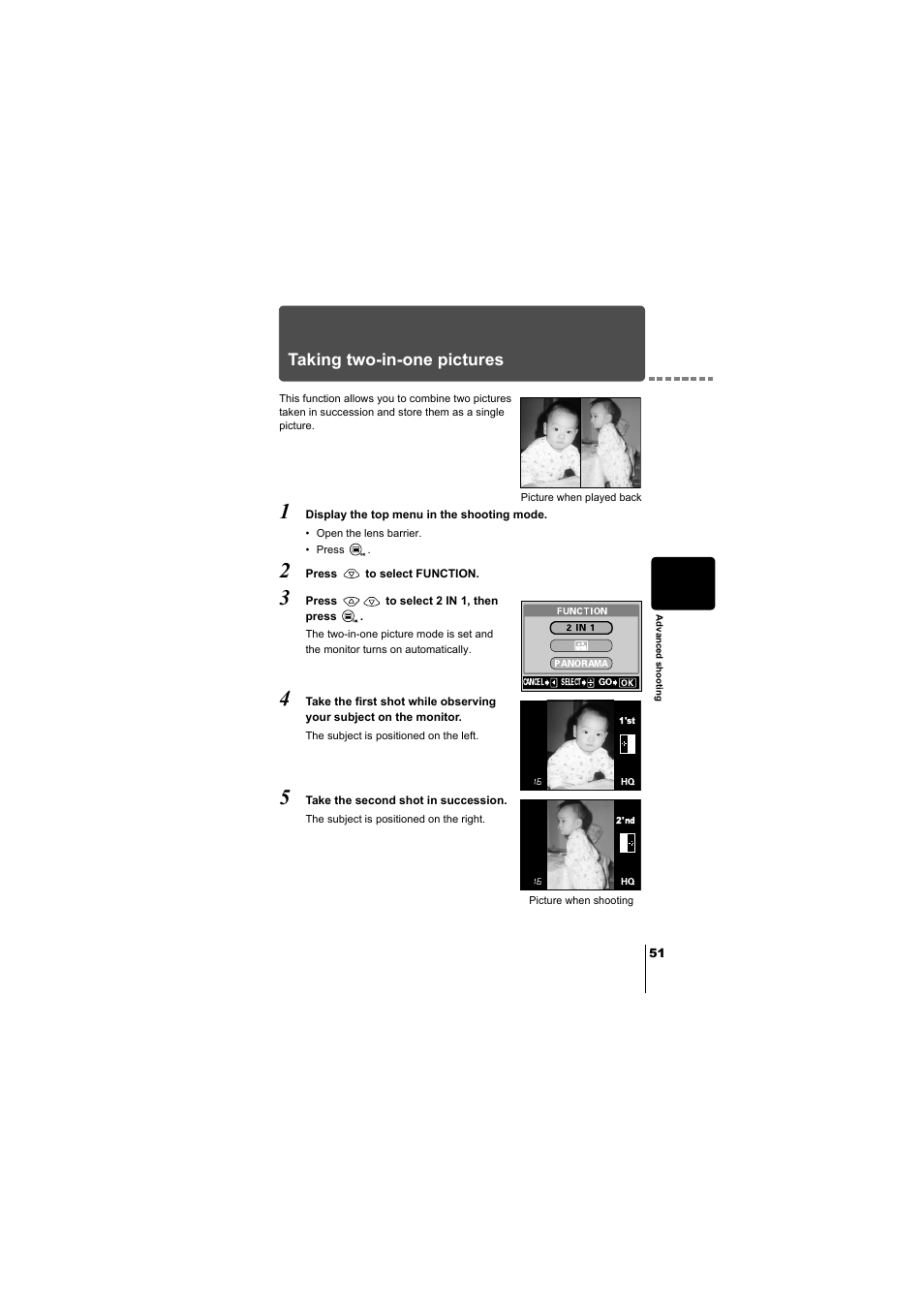 Taking two-in-one pictures, P.51 | Olympus D-380 User Manual | Page 52 / 133