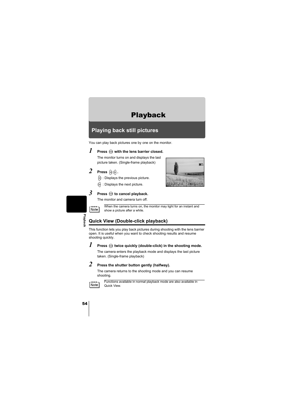 Playback, Playing back still pictures, Quick view (double-click playback) | Olympus D-380 User Manual | Page 55 / 133