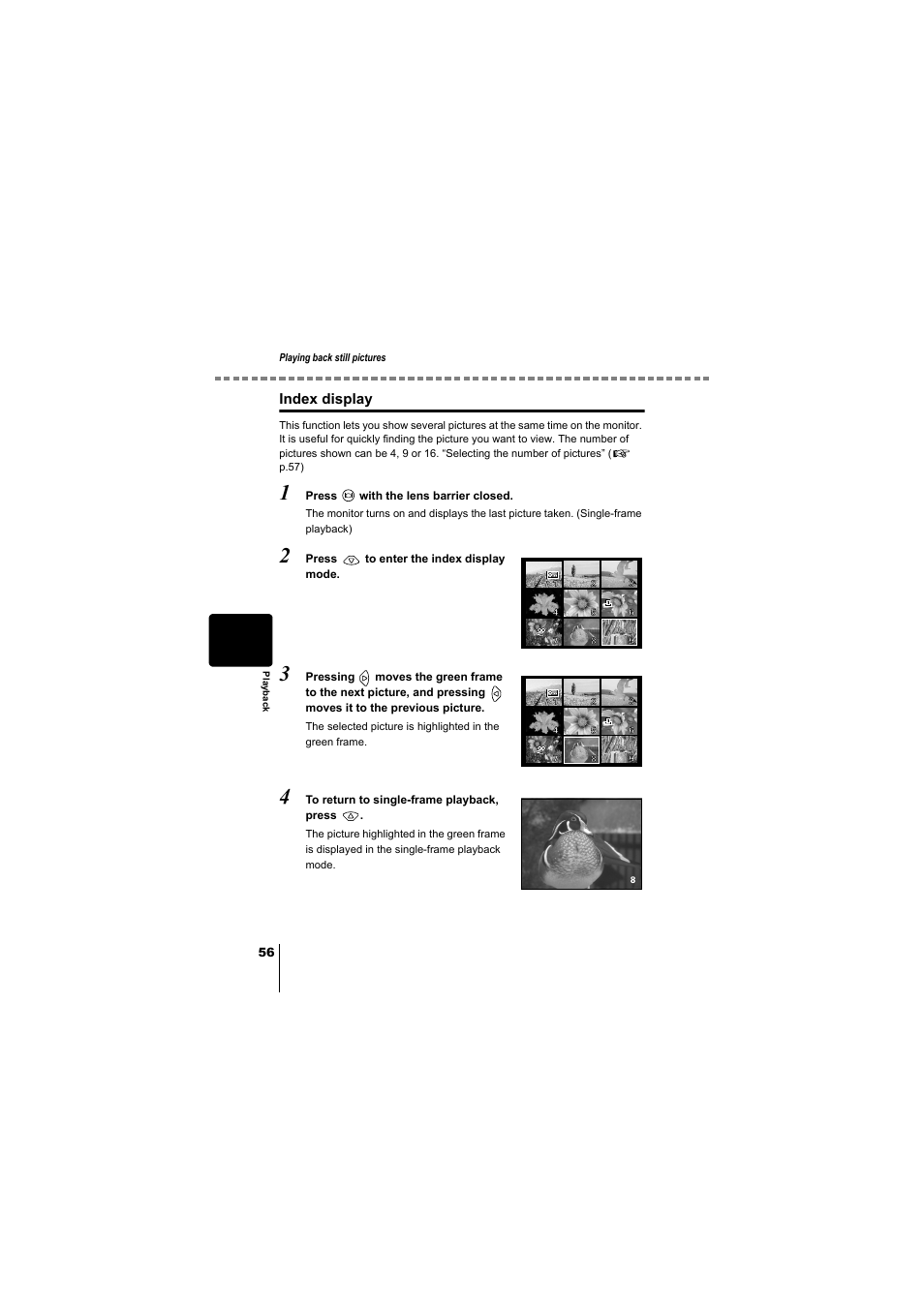 Index display | Olympus D-380 User Manual | Page 57 / 133