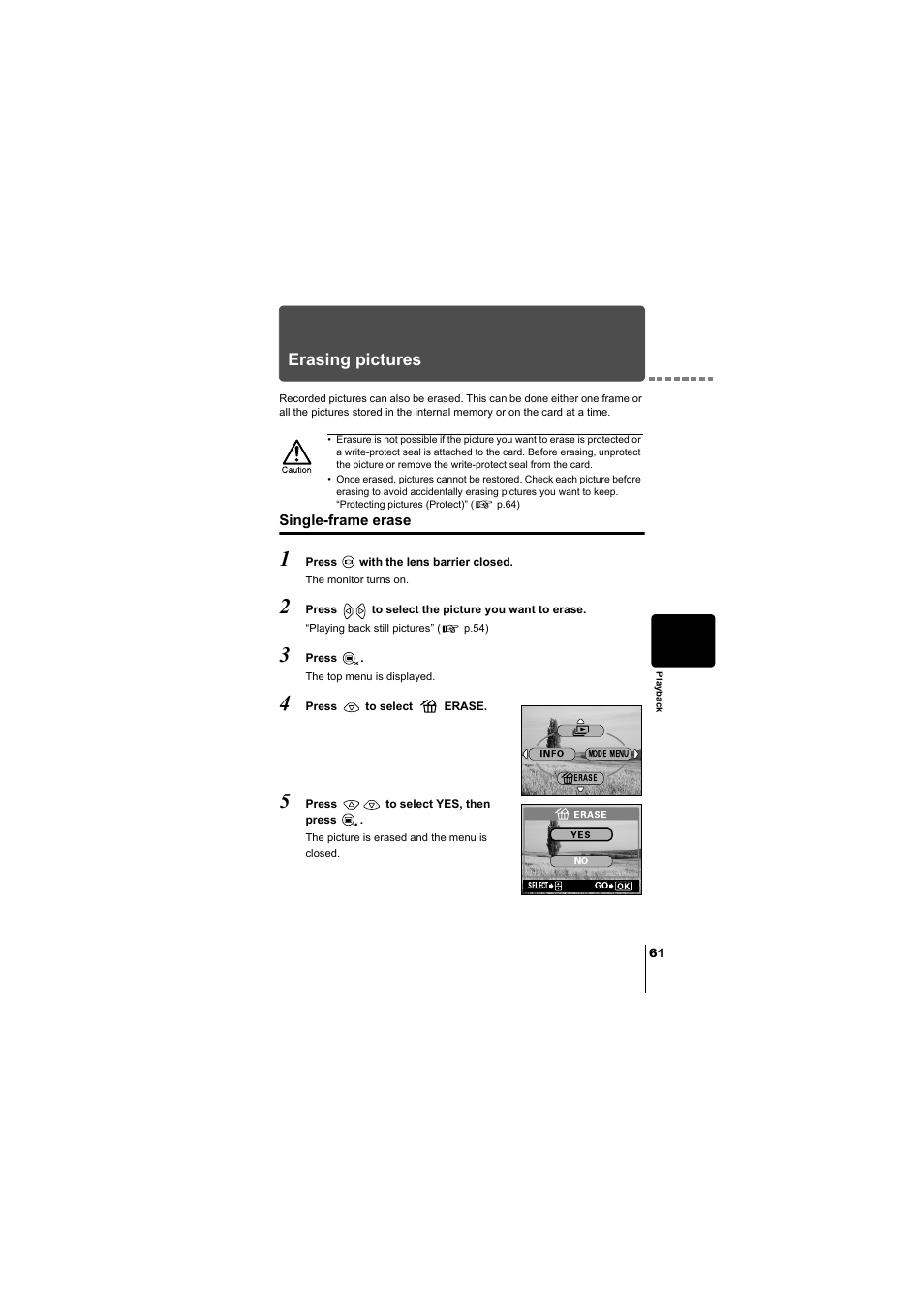 Erasing pictures, Single-frame erase, P.61 | Ds. “single-frame erase, P.61) | Olympus D-380 User Manual | Page 62 / 133