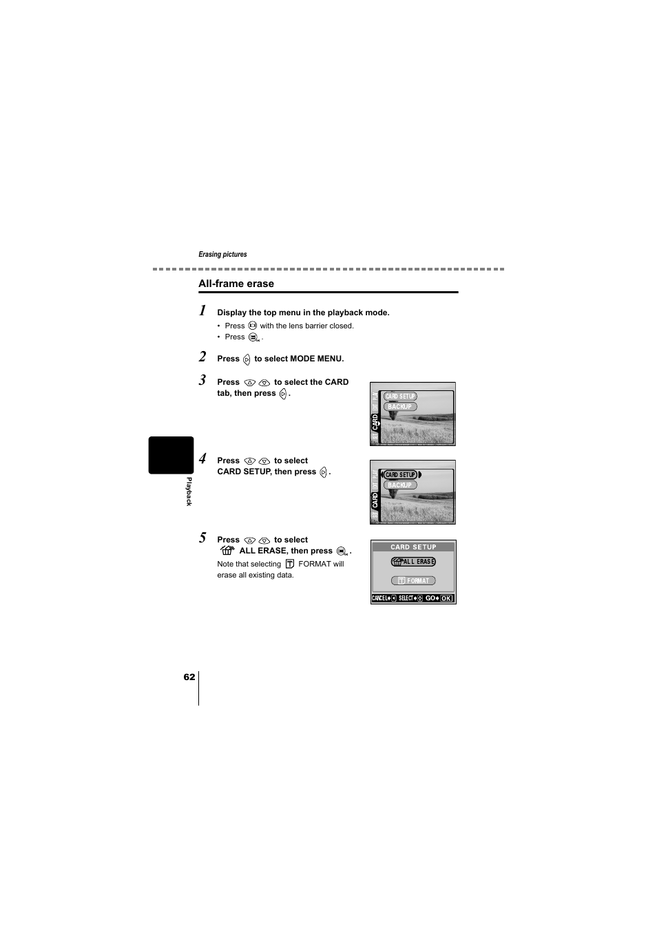 All-frame erase, P.62 | Olympus D-380 User Manual | Page 63 / 133