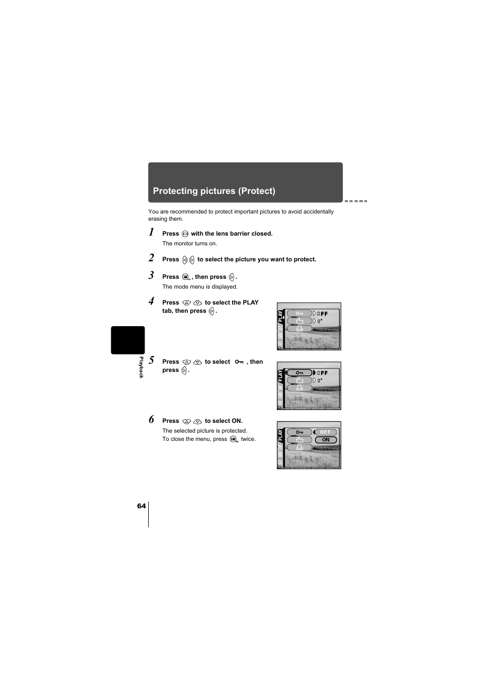 Protecting pictures (protect), P.64, P.64) | Olympus D-380 User Manual | Page 65 / 133