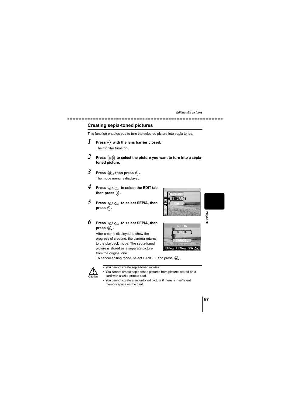 Creating sepia-toned pictures, P.67 | Olympus D-380 User Manual | Page 68 / 133