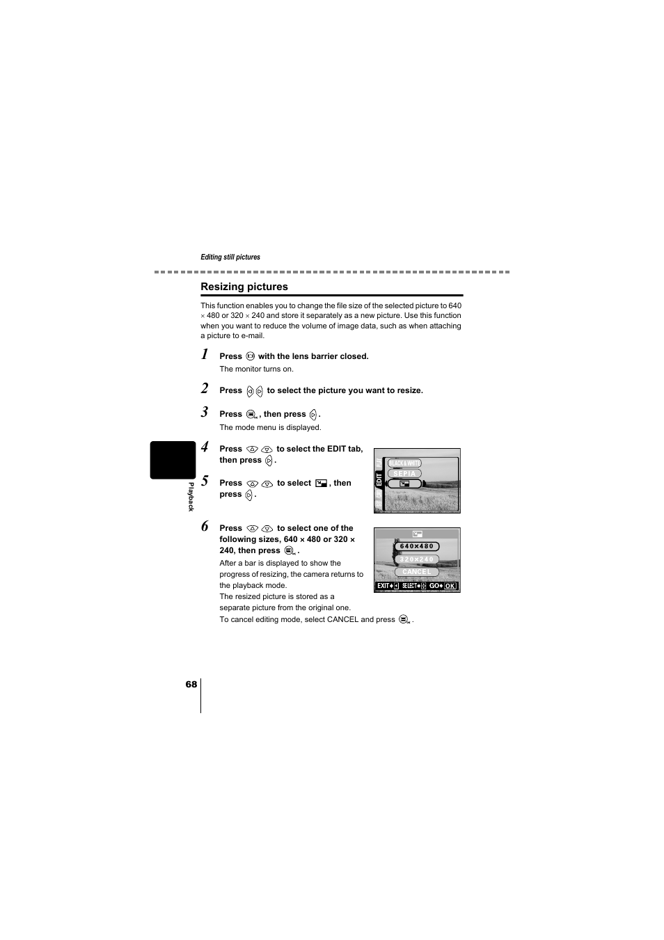 Resizing pictures, P.68 | Olympus D-380 User Manual | Page 69 / 133