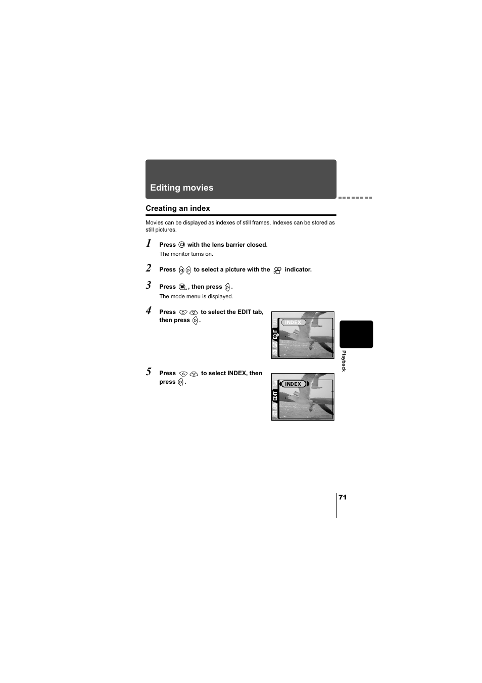 Editing movies, Creating an index, P.71 | P.71) | Olympus D-380 User Manual | Page 72 / 133