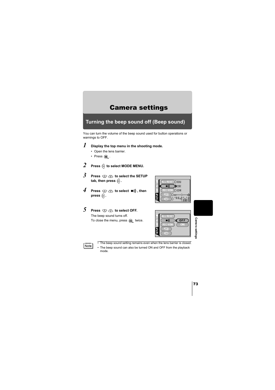 Camera settings, Turning the beep sound off (beep sound), P.73 | Olympus D-380 User Manual | Page 74 / 133