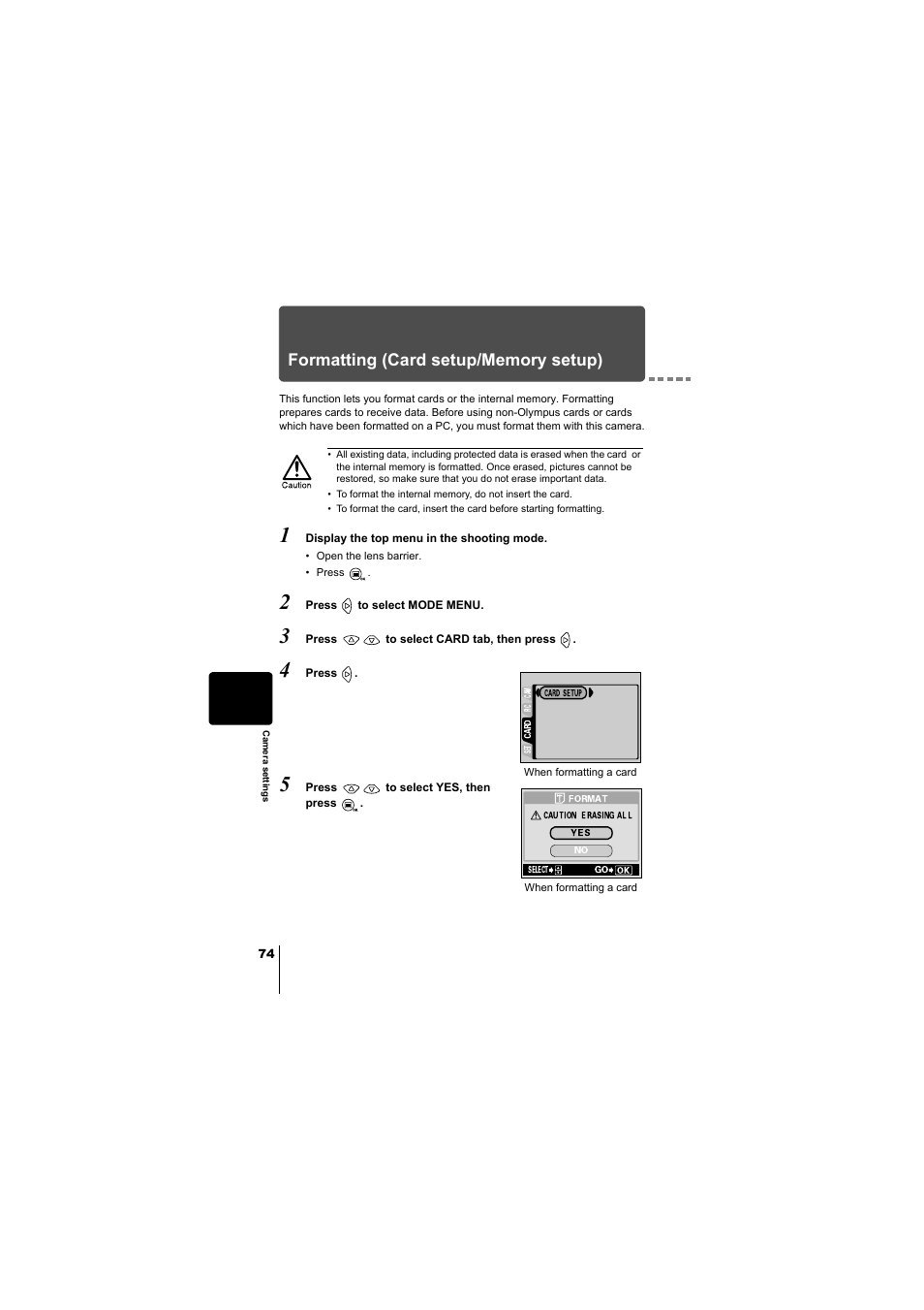 Formatting (card setup/memory setup), P.74 | Olympus D-380 User Manual | Page 75 / 133