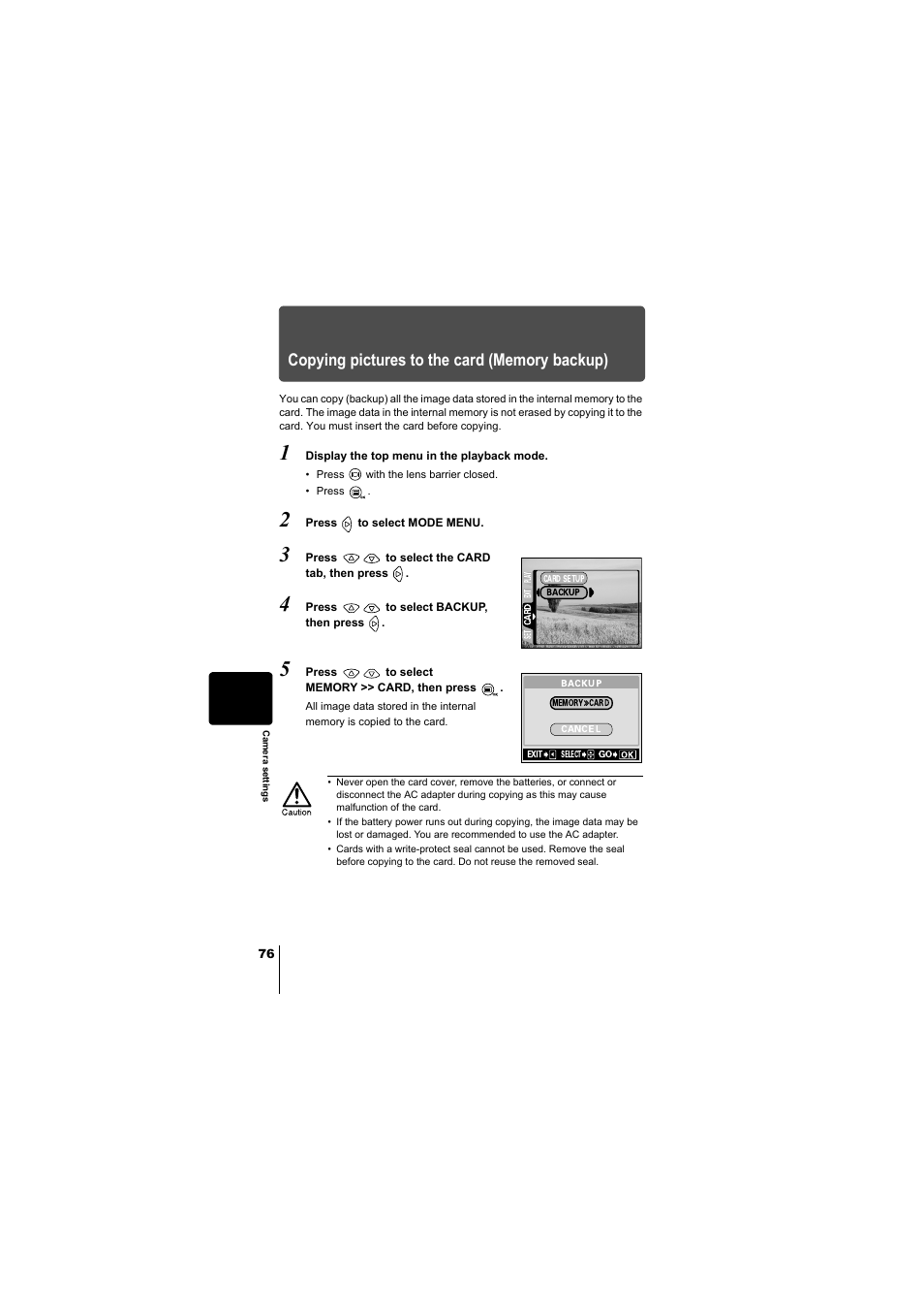 Copying pictures to the card (memory backup), P.76 | Olympus D-380 User Manual | Page 77 / 133