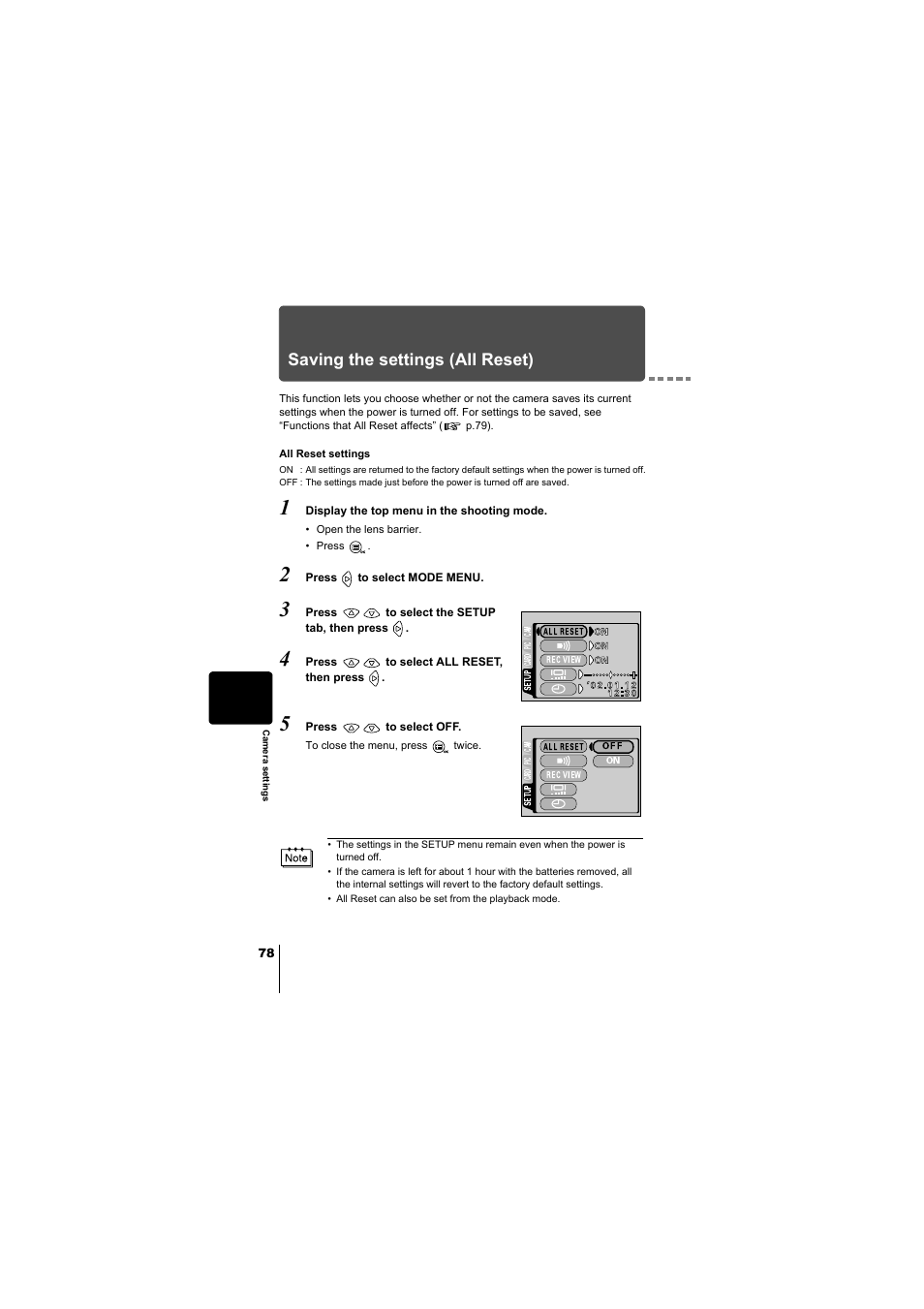 Saving the settings (all reset), P.78, Saving | The settings (all reset), P.78), Closed. “saving the settings (all reset) | Olympus D-380 User Manual | Page 79 / 133