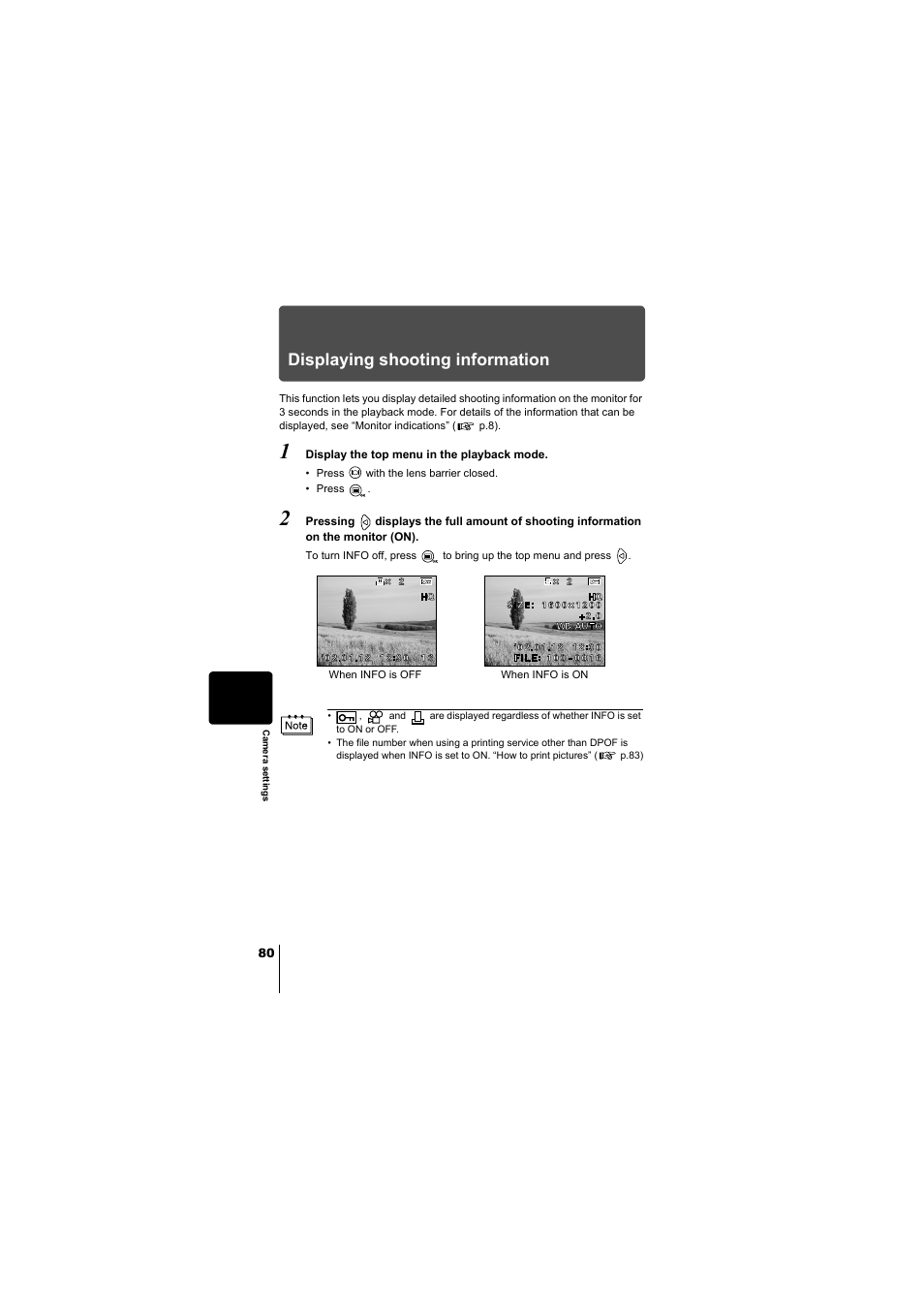 Displaying shooting information, Mode. “displaying shooting information, P.80) | P.80 | Olympus D-380 User Manual | Page 81 / 133