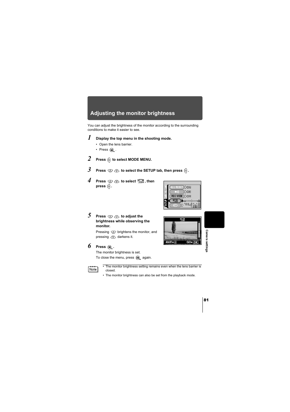 Adjusting the monitor brightness, P.81 | Olympus D-380 User Manual | Page 82 / 133