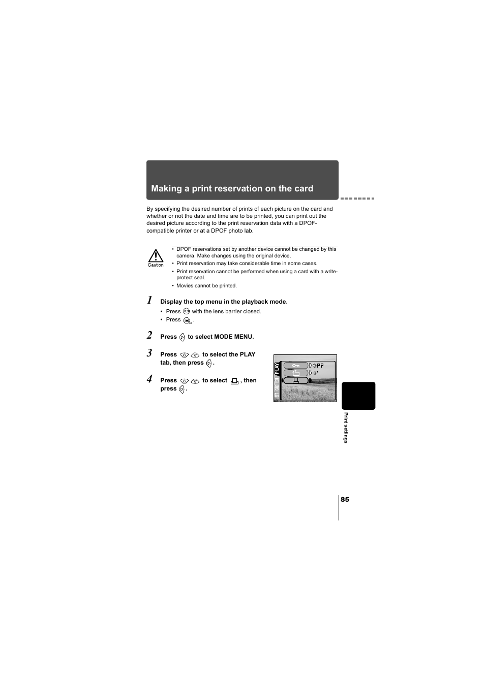 Making a print reservation on the card, P.85 | Olympus D-380 User Manual | Page 86 / 133