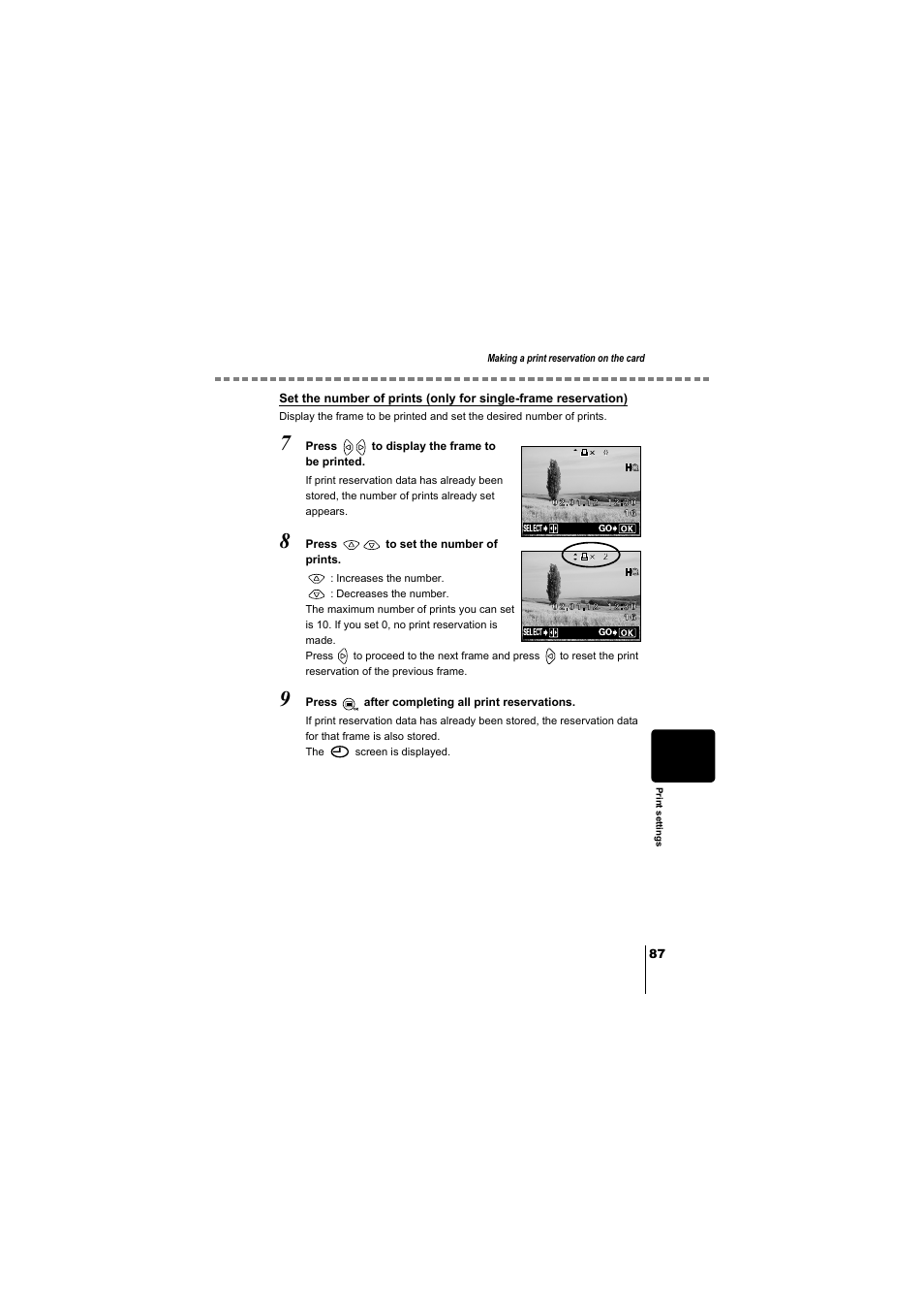 Set the number of prints (only for single, Frame reservation), P.87) | Olympus D-380 User Manual | Page 88 / 133