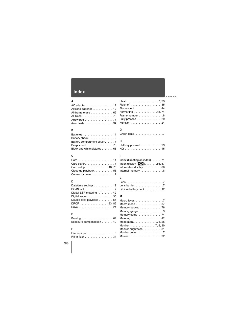 Index | Olympus D-380 User Manual | Page 99 / 133