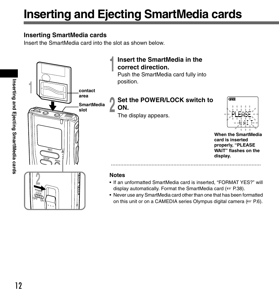 Inserting and ejecting smartmedia cards | Olympus DS-2000 User Manual | Page 12 / 48