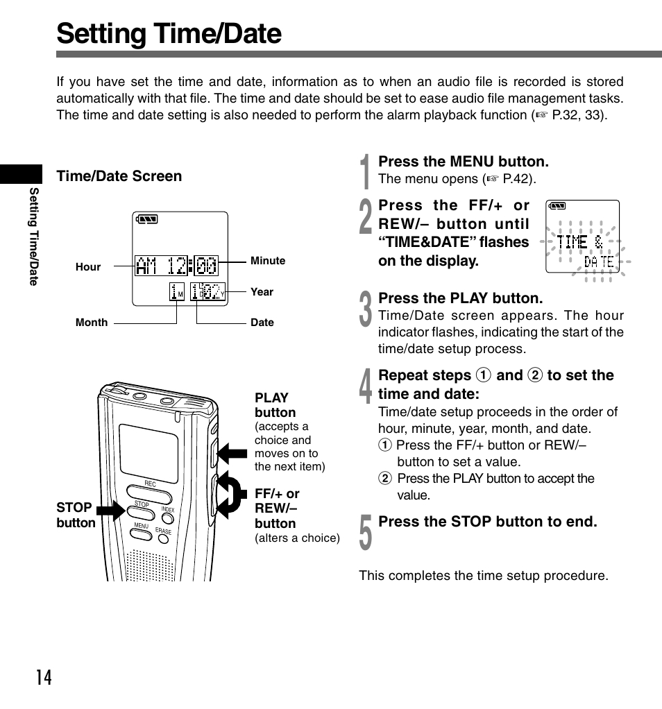 Setting time/date | Olympus DS-2000 User Manual | Page 14 / 48