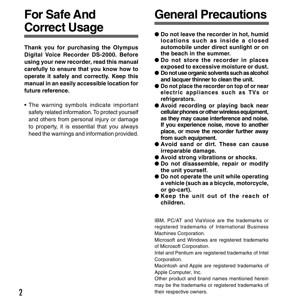 For safe and correct usage, General precautions | Olympus DS-2000 User Manual | Page 2 / 48