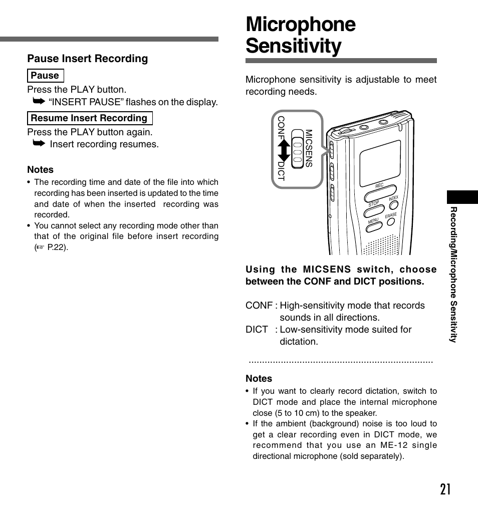 Microphone sensitivity, Pause insert recording | Olympus DS-2000 User Manual | Page 21 / 48