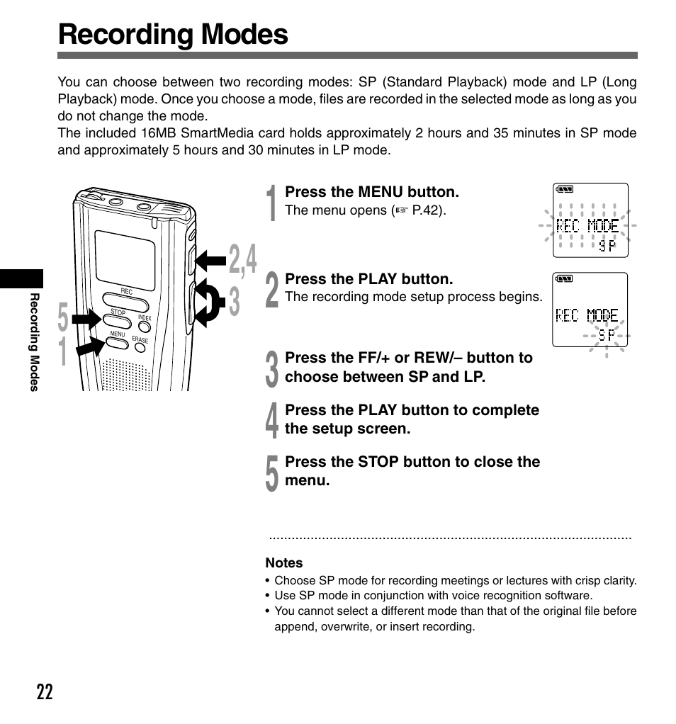 Recording modes | Olympus DS-2000 User Manual | Page 22 / 48