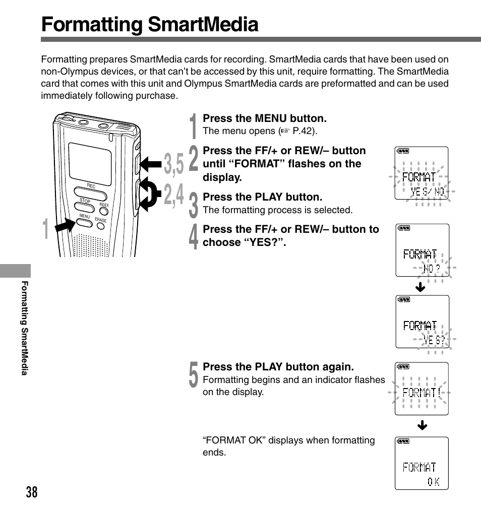 Formatting smartmedia | Olympus DS-2000 User Manual | Page 38 / 48