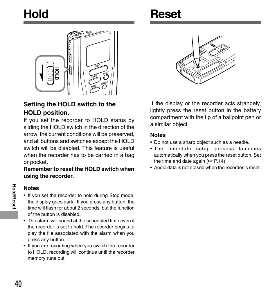 Reset, Hold, Setting the hold switch to the hold position | Olympus DS-2000 User Manual | Page 40 / 48