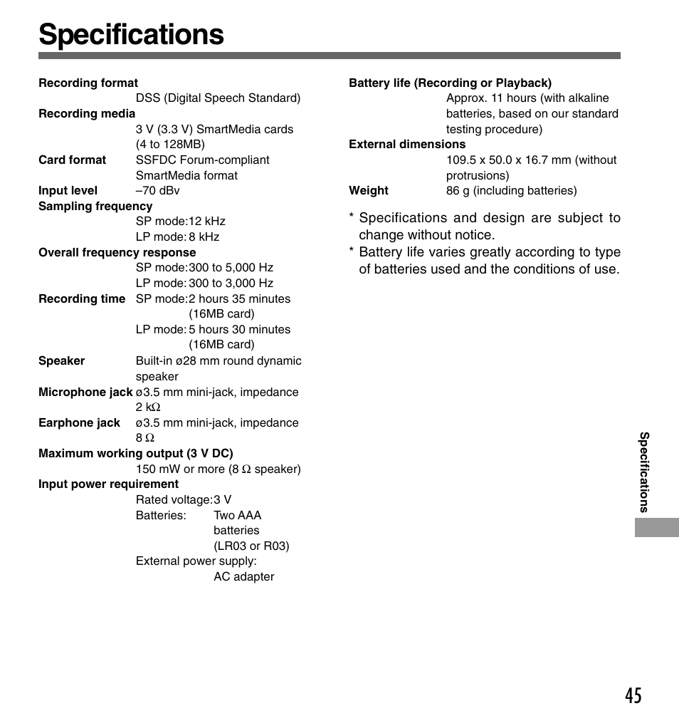 Specifications | Olympus DS-2000 User Manual | Page 45 / 48