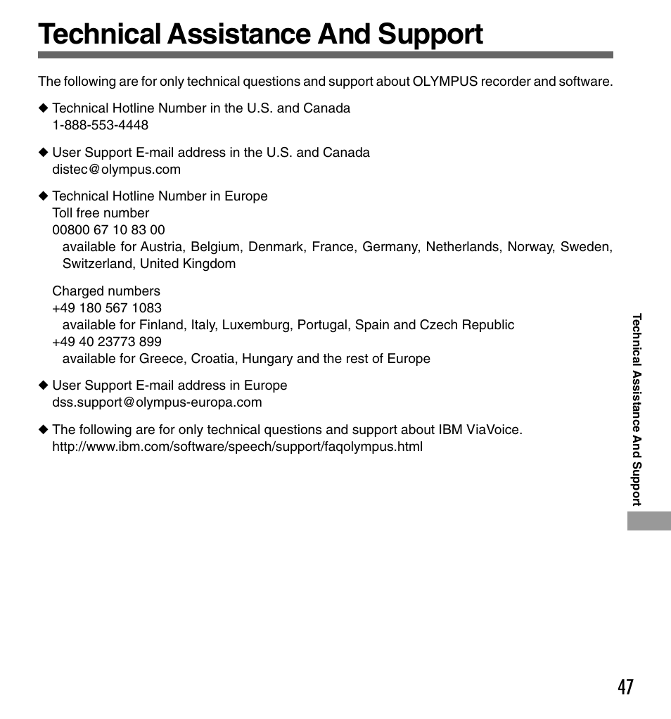 Technical assistance and support | Olympus DS-2000 User Manual | Page 47 / 48