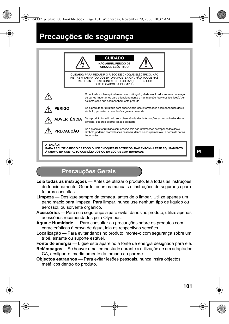 Precauções de segurança, Precauções gerais | Olympus FE-220 User Manual | Page 101 / 108