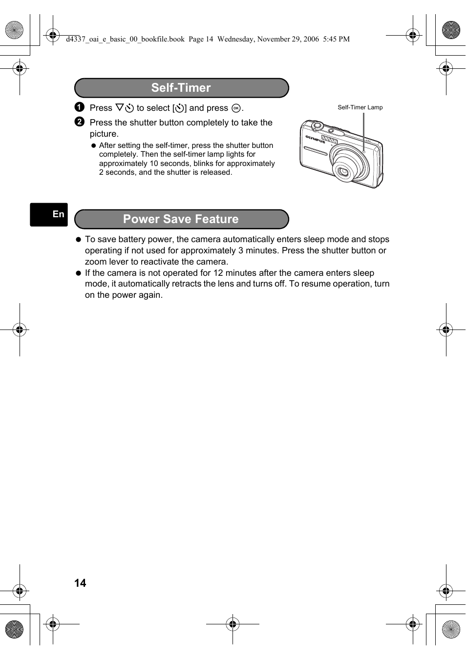 Self-timer, Power save feature | Olympus FE-220 User Manual | Page 14 / 108