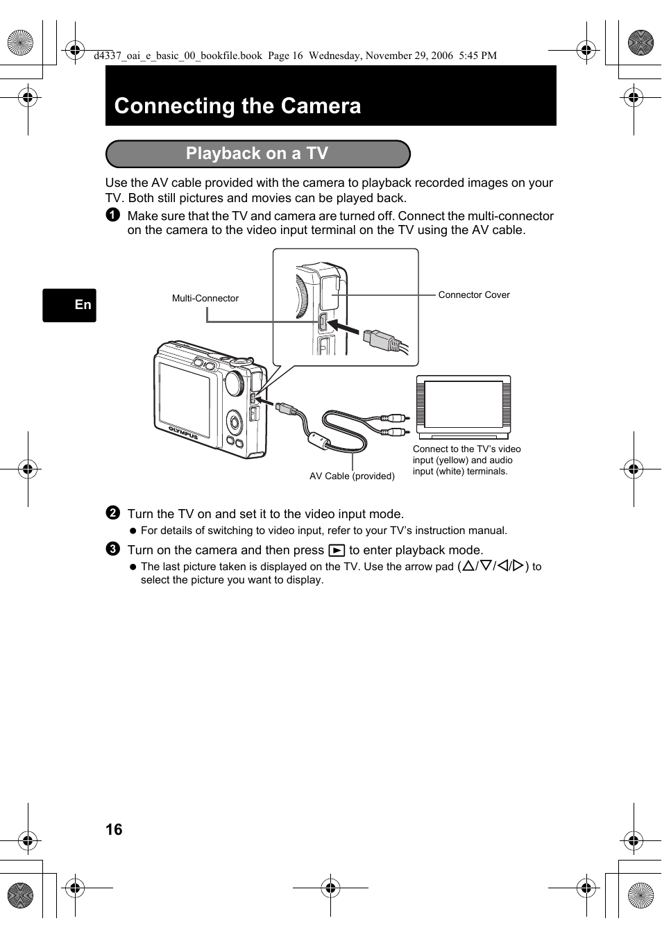 Connecting the camera, Playback on a tv | Olympus FE-220 User Manual | Page 16 / 108