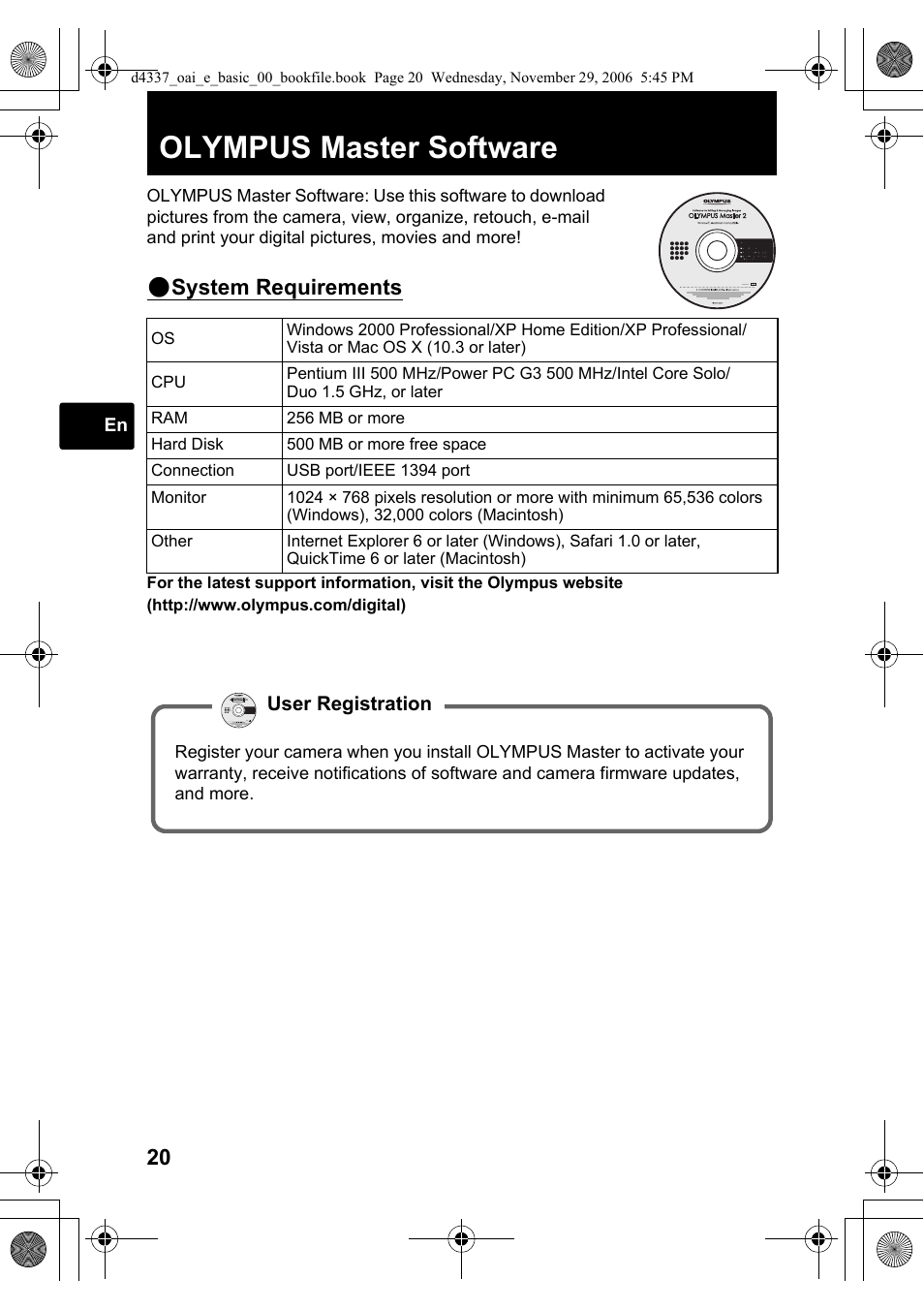 Olympus master software, System requirements | Olympus FE-220 User Manual | Page 20 / 108