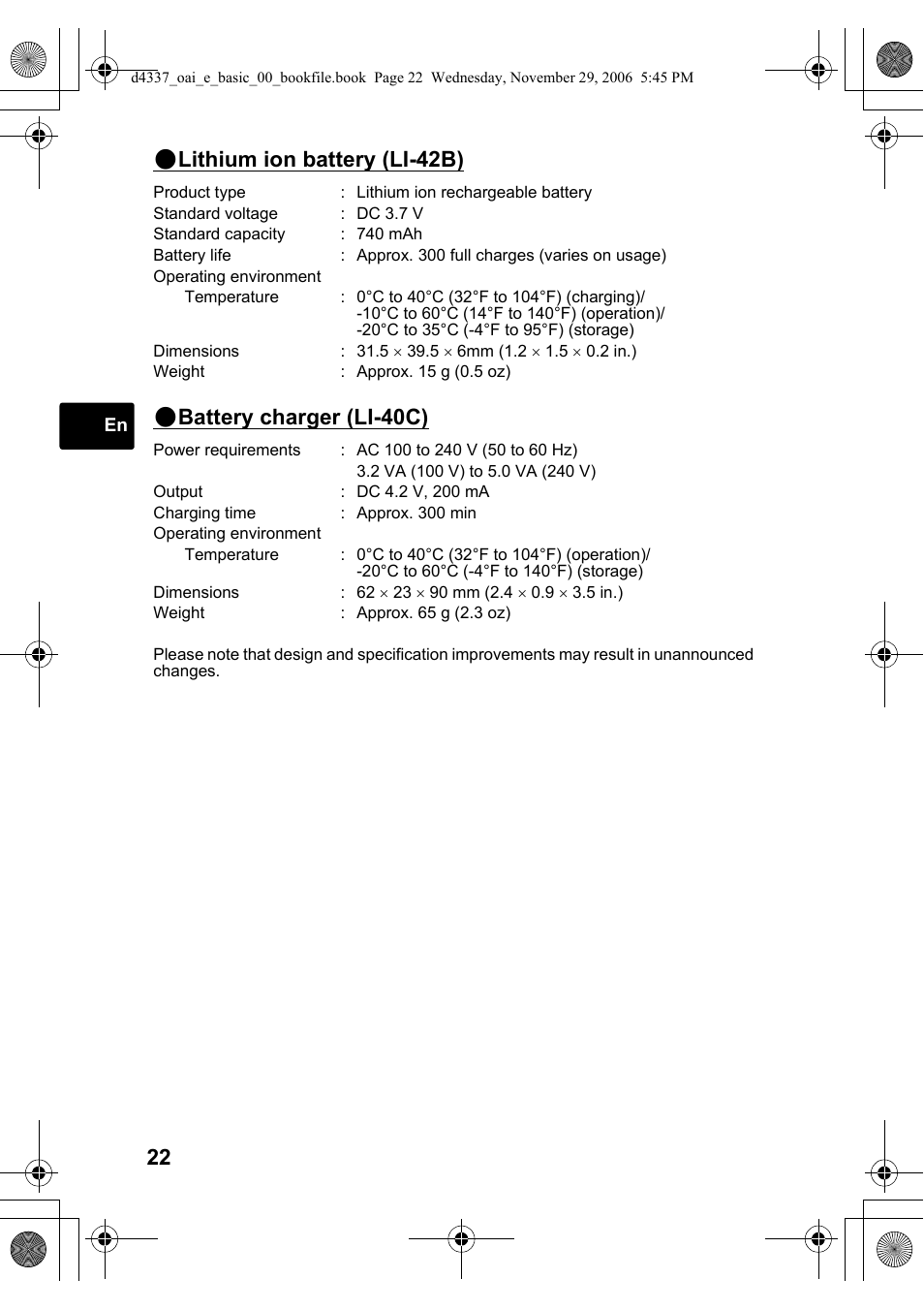 Lithium ion battery (li-42b), Battery charger (li-40c) | Olympus FE-220 User Manual | Page 22 / 108