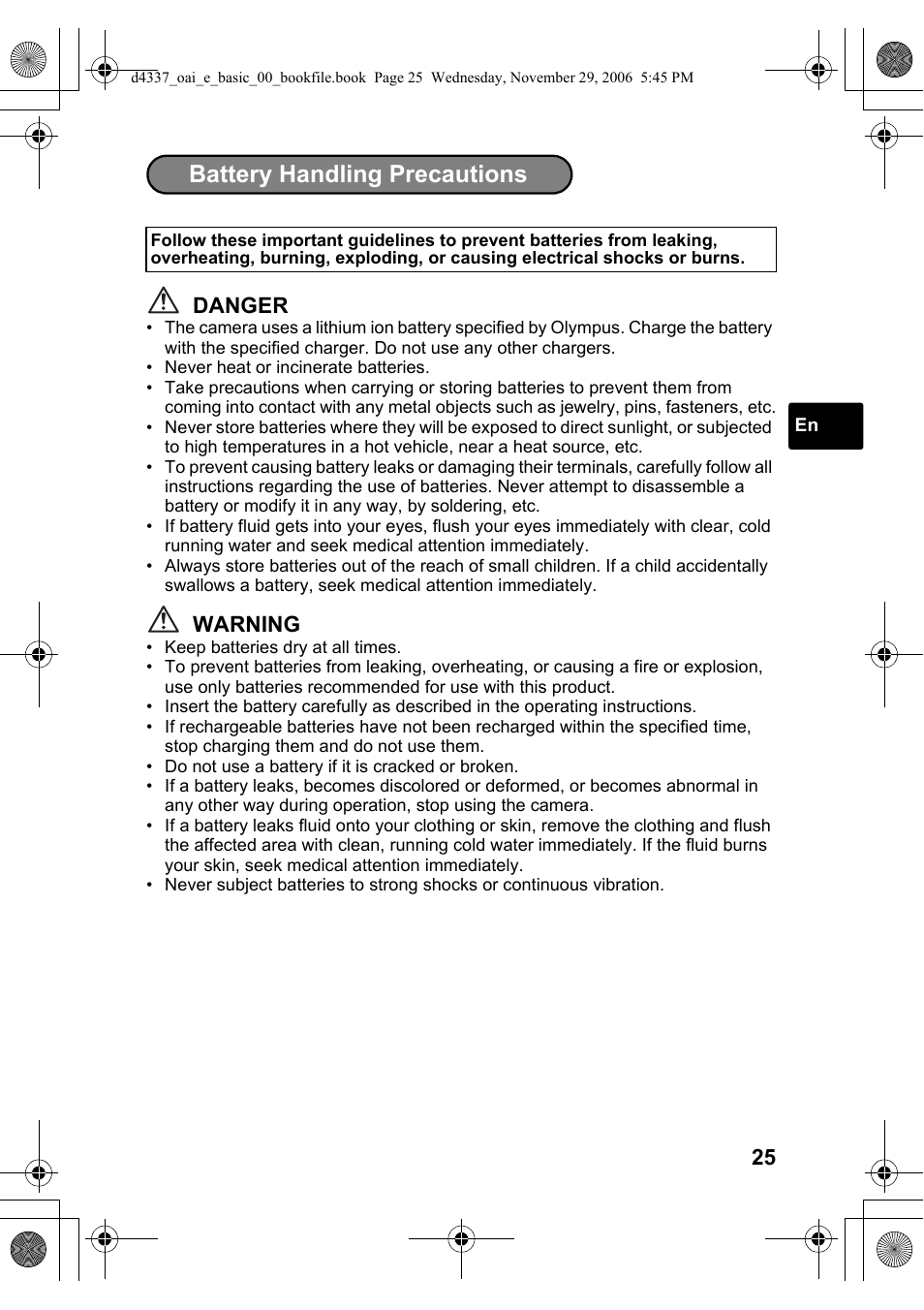 Battery handling precautions | Olympus FE-220 User Manual | Page 25 / 108