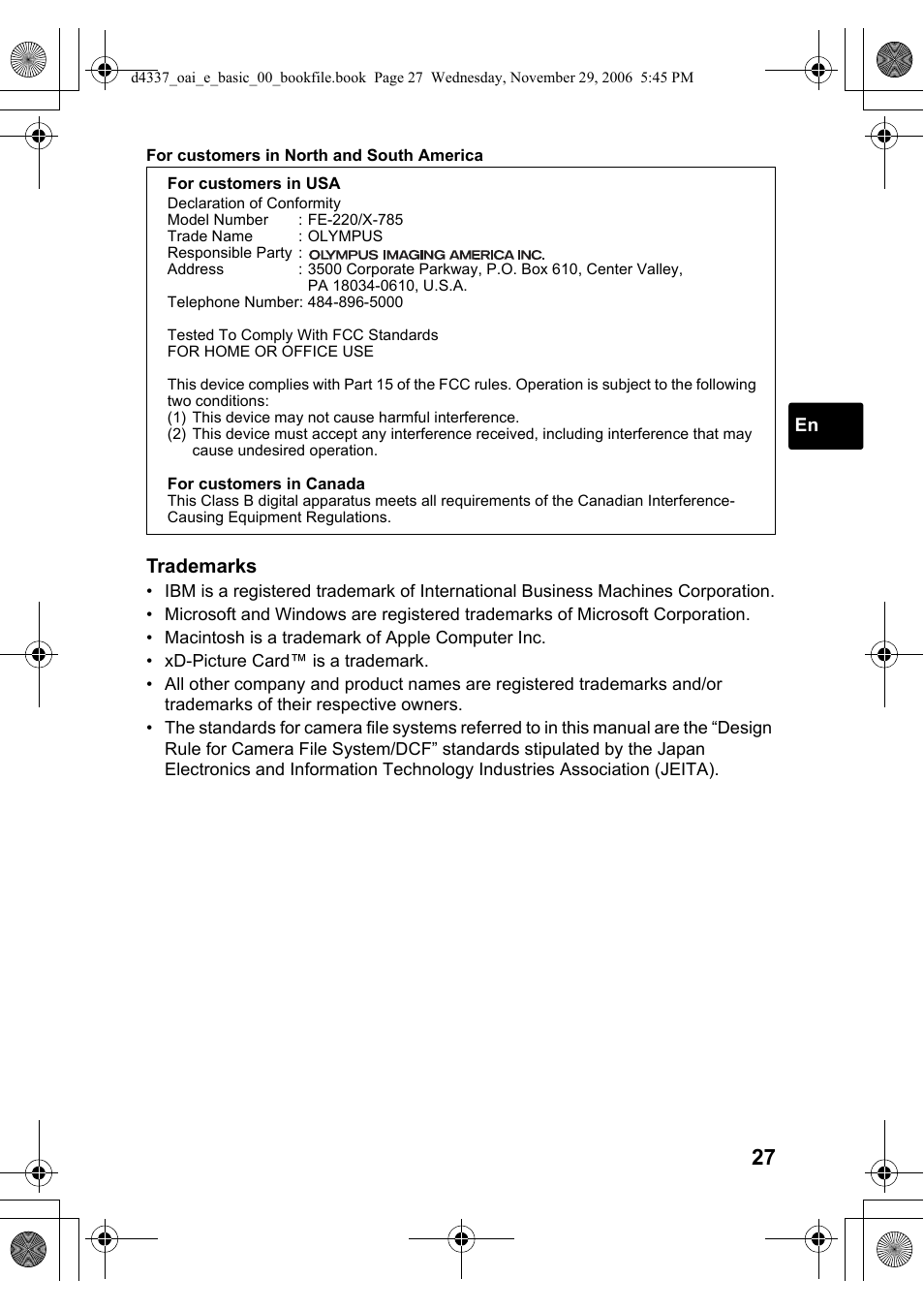 Trademarks | Olympus FE-220 User Manual | Page 27 / 108