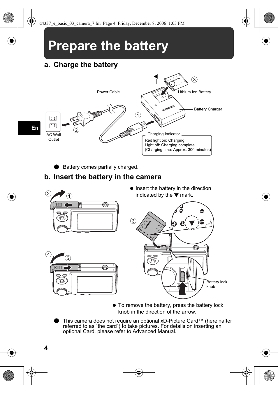 Prepare the battery, A. charge the battery, B. insert the battery in the camera | Olympus FE-220 User Manual | Page 4 / 108